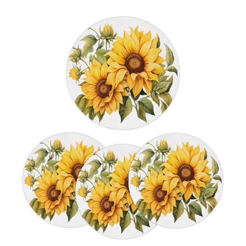 Mintoprints Juego de 4 manteles individuales redondos trenzados con estampado de girasol amarillo, manteles individuales lavables para mesa de cocina y comedor, 38 cm
