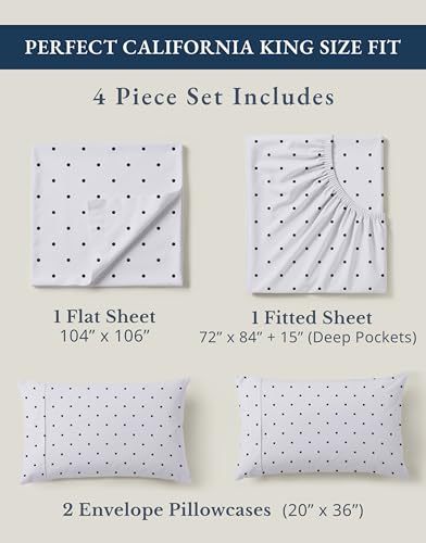 Image of LANE LINEN 100% Organic Cotton Printed California King Sheets Set, Fully Elasticized Reinforsed Seams in Fitted Pocket, Naturally Cooling All Season Cal King Sheet Deep Pocket Bedding- Polka Dot