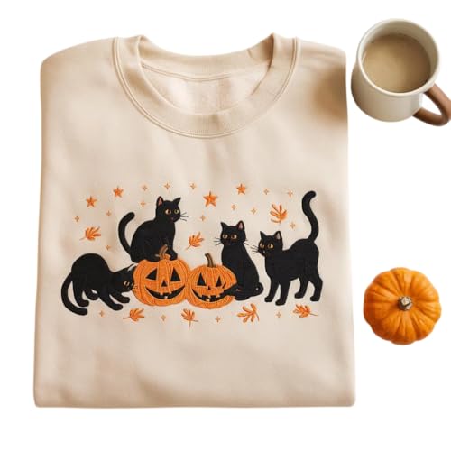 Halloween Black Cat Embroidered Sweatshirt, Pumpkin Fall Sweater, Cute Autumn Shirt, Cozy Spooky Season for Cat & Fall Lovers