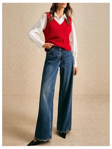 Women's Embroidery Cable Knit Sweater Vest V Neck Knitted Casual Sleeveless Sweater Pullover Top4