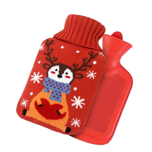 Fyfjur 1L Wärmflasche mit Bezug, Süß Rot Wärmflasche Weihnachten, Warm Halten Abnehmbarer Waschbare Strickbezug Wärmeflasche für Kinder und...