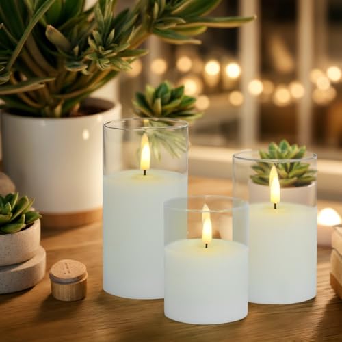 Image of Flameless Candles in Glass with Remote | Flashing LED Pillar Real Wax Fake Candle With Timer, Battery Operated For Wedding Home Decorations - 3Pack