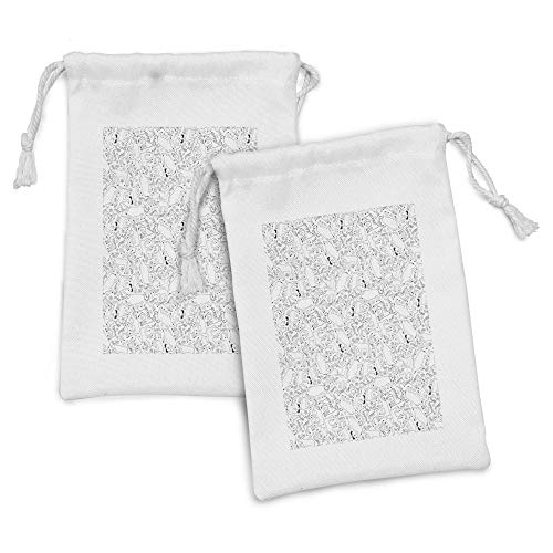 Lunarable Bison Fabric Pouch Set of 2, Monochrome Sketch of Wild Animals American Inland Plains and Forests, Small Drawstring Bag for Toiletries Masks and Favors, 9" x 6", White and Charcoal Grey
