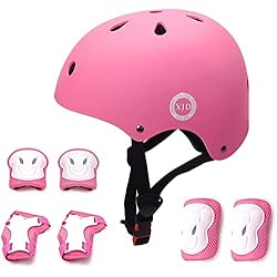 Accesorios Patines XJD Casco de Ciclismo para Niños y Protecciónes Infantiles Incluye Rodilleras, Coderas y Muñequeras con Certificación CE,Adjustables 7 Piezas para Patínes Patinete Ciclismo Niños de 3 a 8 Años(Rosa S)