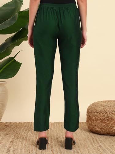 Image of Vogaan Women's Cotton Silk Pant | Half-Elasticated Waist Slim Fit Trouser for Women | Casual Pocket Pants for Office Formal Daily Use