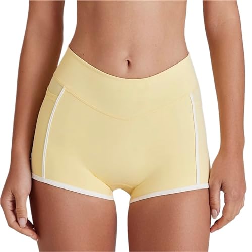 Yoga Pantalones Cortos Pantalones Cortos de Yoga Falsos Dos Pantalones Deportivos Cintura en Forma V a Rayas Blancas Leggings Ajustados y adelgazantes(Yellow,S)