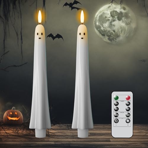 Image of Halloween Ghost Flameless Taper Candles Flickering Battery Operated with Remote and Timer 3D Wick White Real Wax LED Taper Candles Halloween Dinner Decoration Indoor(2 Pack, 0.79 inchD x 9.5 inchH)