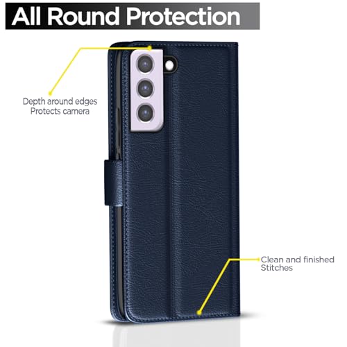 Image of Amazon Basics Flip Cover for Samsung Galaxy S21 FE 5G Leather Finish | Wallet Stand and Shock Proof | Inside TPU with Card Pockets | Complete Protection Flip Case (Blue)