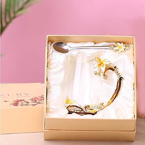 Flower Tea Cups, Coffee Mugs, Glass Mug With Spoon Set, Handmade Lily Valentine's Day Gifts - Best Gift For Newlyweds Christmas New Year Anniversaries Parents Weddings Engagements (13Oz, Yellow) #TOP3