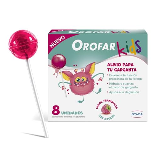 OROFAR Kids Alivia y calma el picor de garganta, laringe y cuerdas vocales, 8 piruletas sabor frambuesa, sin azúcar, para niños +3 años y adultos