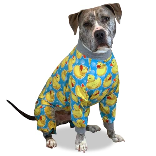 Tooth-and-Honey-Pit-Bull-PajamasRubber-Duck-PrintLightweight-Pullover-PajamasFull-Coverage-Dog-pjsYellow-with-Grey-Trim Tooth and Honey Pit Bull PajamasRubber Duck PrintLightweight Pullover PajamasFull Coverage Dog pjsYellow with Grey Trim