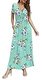 CATHY Women Short Sleeve Deep V-Neck Casual Long Dress Pleated Waist Maxi Dresses with Pockets, M, Short Mint Green
