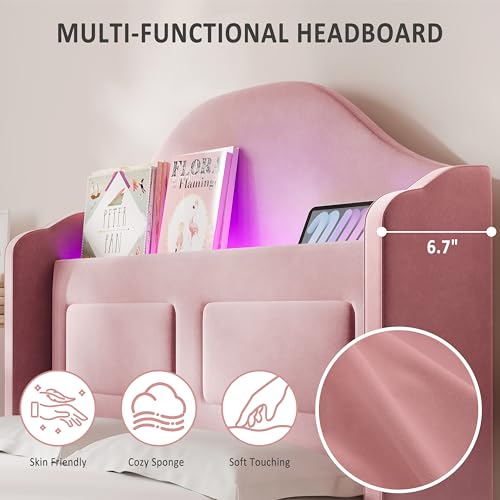 Garveehome Twin Bed Frame for Kids, Upholstered Velvet Princess Platform Bed for Boys/Girls with Wingback, Storage Bookcase Headboard & LED Light, No Box Spring Needed, Noise-Free, Easy Assembly, Pink