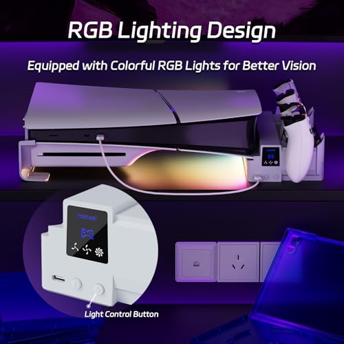 Hosanwell PS5 Slim - Soporte Horizontal para PS5 Slim Disc & Digital, Cargador de Controlador Dual con luz RGB multimodo y Ventilador de refrigeración de 3 Niveles, Color Blanco - imagen 4