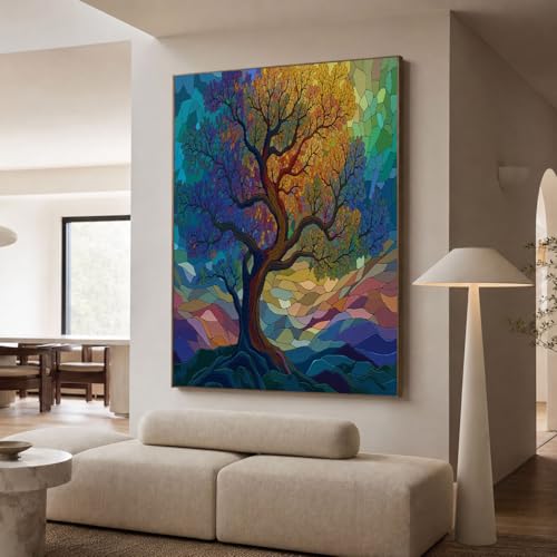 Tableau décoration murale bleu-vert 60x90cm affiche arbre vitrail toile déco maison