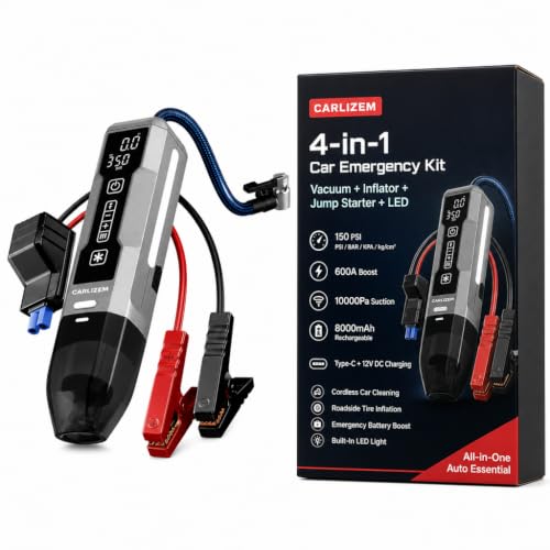 Image of Carlizem 4-in-1 Car Vacuum Cleaner Cordless with Tyre Inflator, Jump Starter & Emergency Light | Portable Car Emergency Kit, 150 PSI Air Pump, 600A Battery Booster Flash