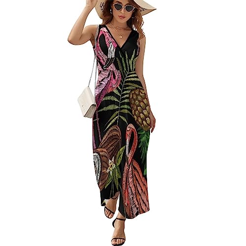 Robe à volants femme motif flamant rose sans manches col en V multicolore taille L