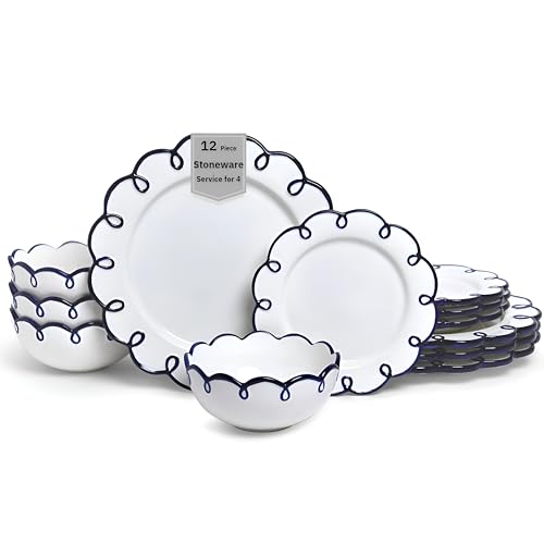 Sango 12-Piece Earthenware Dinnerware Set for 4, Glossy White Plates and Bowls Sets with Navy Scalloped Rims, Premium Dish Set, Holiday Dishes for Gifting & Hosting Christmas Party, Splash of Cheers Sango 12-Piece Earthenware Dinnerware Set for 4, Glossy White Plates and Bowls Sets with Navy Scalloped Rims, Premium Dish Set, Holiday Dishes for Gifting & Hosting Christmas Party, Splash of Cheers