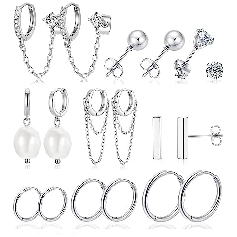 Cocadant Small Silver Hoop Chain Earrings for Women,Hypoallergenic Dangle Pearl CZ Stud Cartilage Huggie Earring Sets for Multiple Piercing Cover