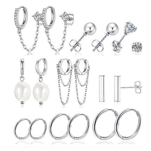 Cocadant Small Silver Hoop Chain Earrings for Women,Hypoallergenic Dangle Pearl CZ Stud Cartilage Huggie Earring Sets for Multiple Piercing