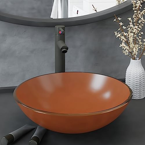 蛇口とプッシュ排水口付きバスルームシンク、ブラウン強化ガラス、カウンタートップ洗面台シンク、洗面所用化粧台キャビネット、小型クロークルーム用洗面台