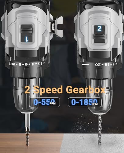 Image of Cordless Drill 21V, Brushless Screwdriver with 2 Batteries 2.0Ah, 45N.m Percussion, 20+1 Torque Settings, 14 Accessories, 2 Speeds, for DIY, Grey