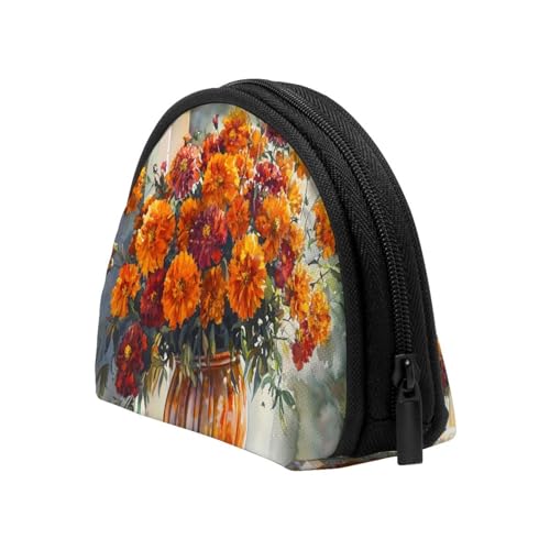 Portable Coin Purse Marigold-In-Vase-Painting Mini Zippered Money Pouch Card Holder4