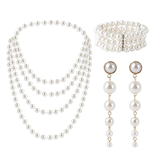 AWAVM Lot de 3 paires perles synthétiques avec longues boucles d'oreilles pendantes en plastique - Bracelet extensible à rangées des années 1920 Accessoires pour fête,bal,mariage,festival,Plastique