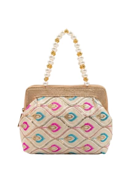 Elegant Embroidered Handbag | Off-White Pearl Handle Clutch | Premium Ethnic Purse & Festive Bag-image-35