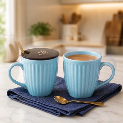 Image of The Earth Store Pastel Glam SkyBlue Coffee Mug with Lid and Spoon Set of 2 | 300ML Ceramic Coffee Mugs Set of 2 | Resin Art Wooden Lid & Golden Spoon | Premium Coffee Mugs for Gift