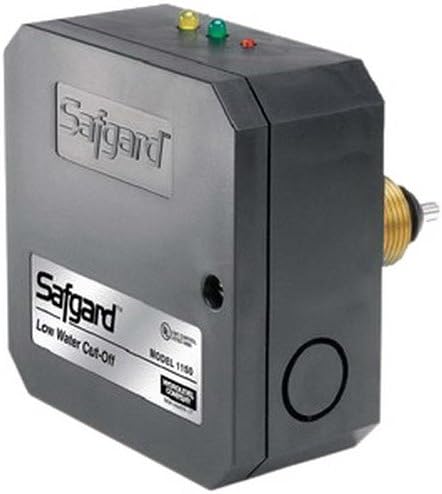 Hydrolevel Mini Safgard 1150 Low Water Cut-Off device, a grey rectangular unit with indicator lights on top and a brass probe connection on the side.