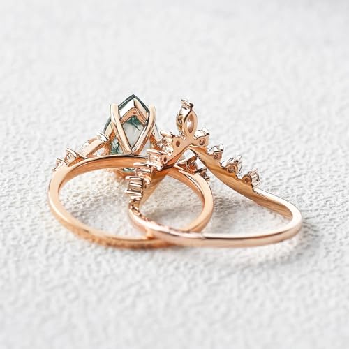 Pear Cut Moss Agate Bridal Ring Set for Women 1CT Teardrop Natural Moss Agate Wedding Ring Set 925 Sterling Silver 10K 14K 18K Gold Engagement Ring Set for Women4