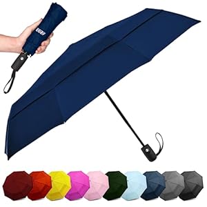 Windproof Travel Umbrellas for Rain – Lightweight, Strong, Compact with & Easy Auto Open/Close Button for Single Hand Use – Double Vented Canopy for Men & Women