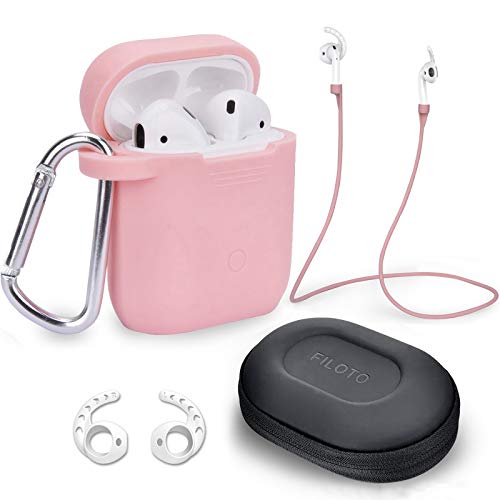 Case for Airpods Accessories Set, Filoto Airpod Silicone Case Cover with Keychain/Strap/Earhooks/Accessories Storage Travel Box for Apple Airpods 2&1, Best Gift for Your Air Pod (Pink)