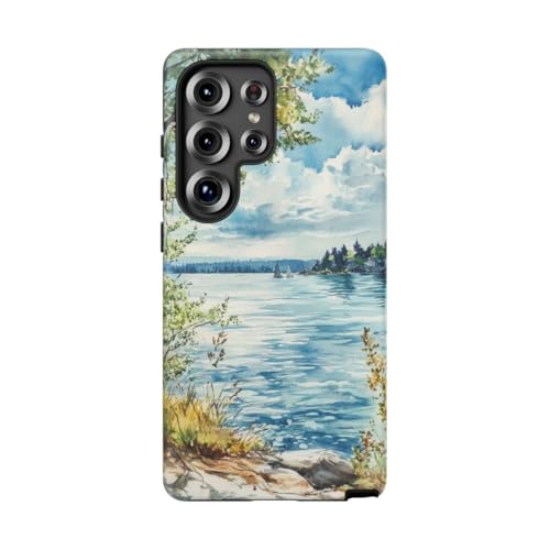 Coque Galaxy S25 Ultra Bleu - Aquarelle Lac et Voiliers Rigide Mate