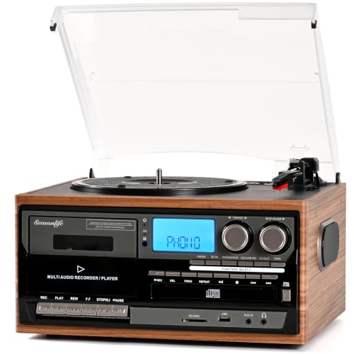 Image of Record Player Built-in Speakers 10 in 1 Vintage Turntable with CD Cassette Tape Player AM FM Radio Function 3 Speed BT Input Output LP Player Support USB SD AUX RCA Playback Auto Stop Retro Wood Brown