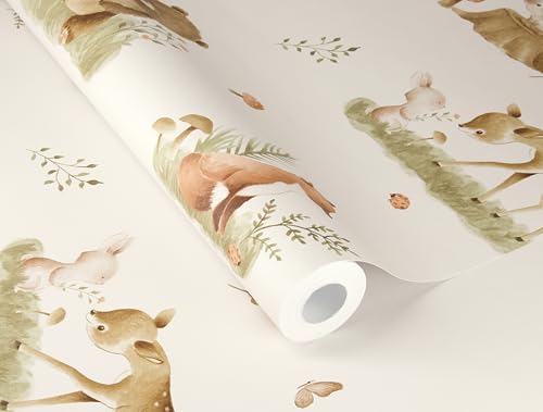 Rasch Tapete 321104 - Helle Vliestapete mit Waldtieren in Beige und Braun - Kinderzimmer Tapete - 10,05m x 0,53m