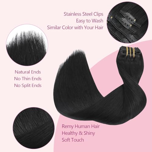 Pinkpearl Clip in Hair Extensions Real Human Hair #1 Jet Black Human Hair Extensions Clip ins 20 inches Extensions Human Hair Clip 120g 7pcs Straight Thick Natural Human Hair(#1,20) by Pinkpearl - Image 4