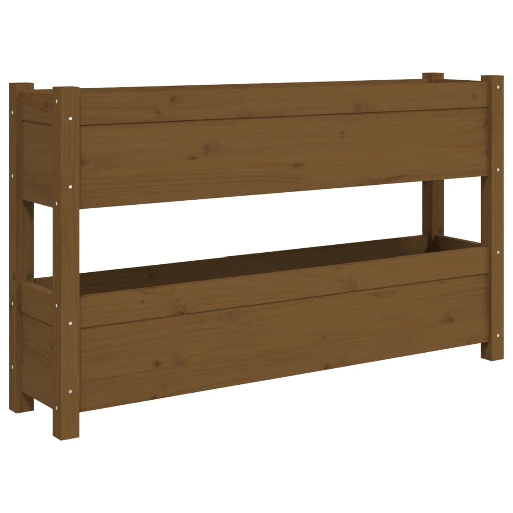 Jardinera de madera maciza de pino marrón ámbar 112 x 25 x 66 cm con 2 macetas, jardinera elevada para jardín, balcón o patio, estructura estable para plantas, flores, hierbas aromáticas,