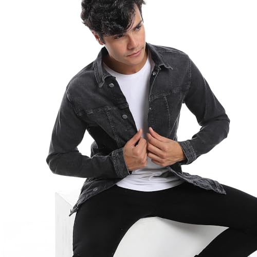 Andora Turn Down Collar Long Sleeves Denim Jacket-Iron Grey-3XL, Mens