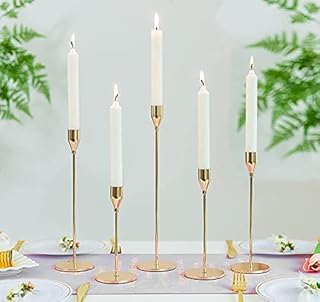 Gold Candle Holders for Candlestick Candles, Set of 5 Tall Taper Candle Stick Holder Vintage Metal, Dinner Candle Stands for Christmas Wedding Anniversary Living Room Table Party Fireplace Decorations