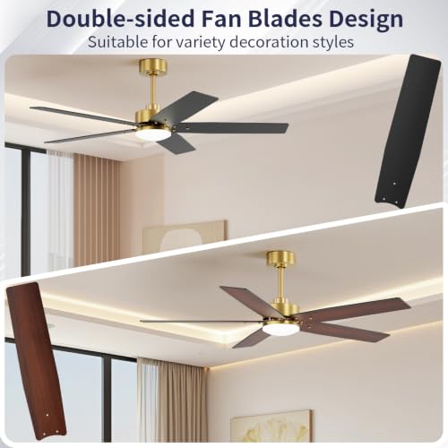 Image of 52 Inch Ceiling Fans with Lights and Remote for Bedroom Living Room Kitchen Home Office Indoor /Outdoor, 18W 3CCT Dimmable, Dual Color 5 Blades 6 Speed Reversible Quiet DC Motor, Gold /Wood Grain
