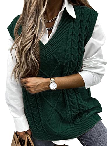 Image of EVALESS Oversized Sweater Vest for Women V Neck Sleeveless Cable Knit Tops
