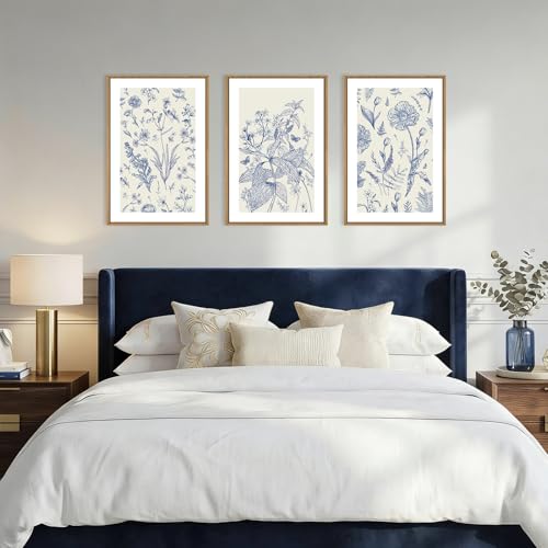 Image of KAIRNE Navy Blue and White Floral Framed Canvas Wall Art Set,Chinoiserie Flower Wall Decor,Watercolor Botanical Art Prints,Modern Wildflower Artwork for Living Room,Bedroom,Farmhouse,Office-16 x24 x3