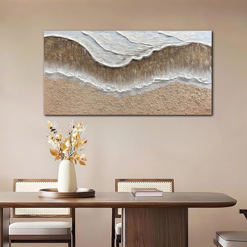 Trogonup Large Coastal Canvas Wall Art for Living Room 20x40 Inch Hand Painted White Ocean Textured Seascape Oil Painting Beach Artwork for Bedroom Office Home Decor Ready to Hang - Image 4