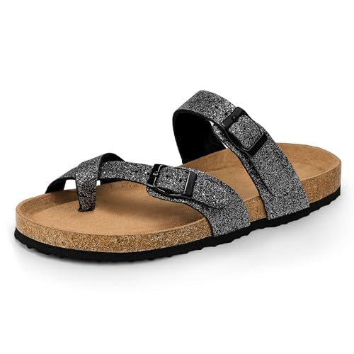 mysoft Women's Cork Footbed Sandals Double Adjustable Buckle Slide Sandals Slip On Walking Summer Shoes
