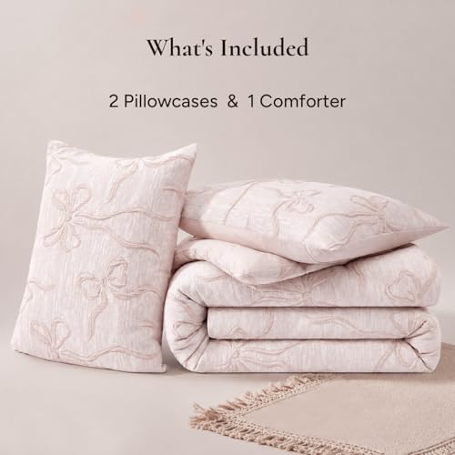 Andency King Size Cute Comforter Set, 3 Pieces Pink Boho Tufted Bedding Set, 3D Puffy Bow Comforters for All Seasons (1 Comforter, 2 Pillow Shams)， 104"x90", Soft Peach by Andency - Used condition - Image 8