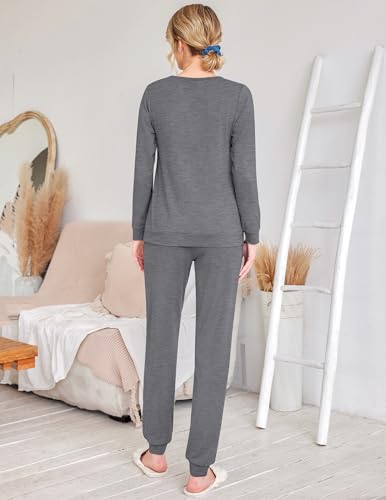 Image of Ekouaer 2 Pack Pajama Sets for Women,Long Sleeve Top With Jogger Pants Lounge Set Sleepwear with Pockets