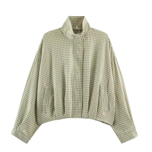 Plaid Bomber Jacket Women Oversized Cropped Funnel Neck Gingham Jacket - image 1
