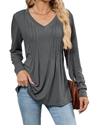 MAYFASEY T Shirts for Women Casual Loose Pleated Tunic Tops Solid Color Long Sleeve V Neck Basic Blouse, Dark Grey, S